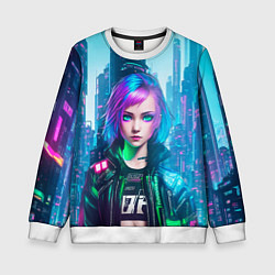 Свитшот детский Девушка в стиле киберпанк на фоне неонового города, цвет: 3D-белый