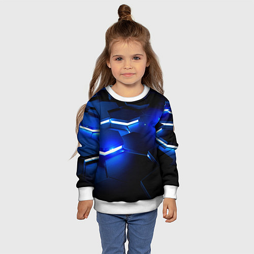 Детский свитшот Металлические соты с синей подсветкой / 3D-Белый – фото 4