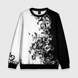 Свитшот детский Черно-белая птица среди узорчатых цветов, цвет: 3D-черный