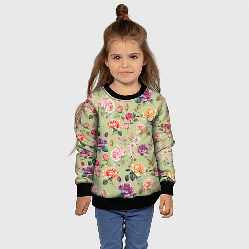 Детский свитшот Акварельные цветы - паттерн зеленый / 3D-Черный – фото 4