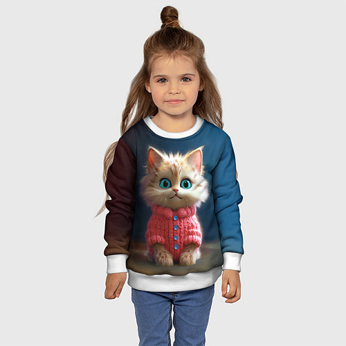 Детский свитшот Котик в розовом свитере / 3D-Белый – фото 4