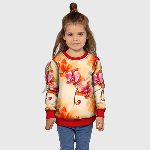 Детский свитшот Акварельные цветы - персиковый паттерн / 3D-Красный – фото 4