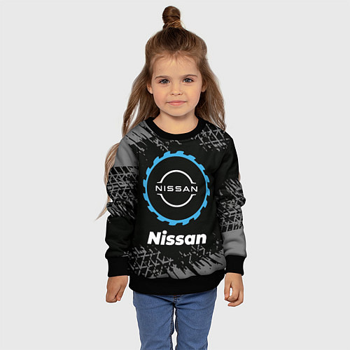 Детский свитшот Nissan в стиле Top Gear со следами шин на фоне / 3D-Черный – фото 4