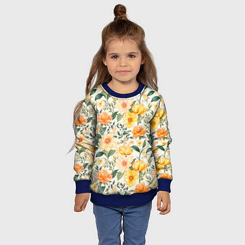 Детский свитшот Желтые и розовые хризантемы и пионы на светлом фон / 3D-Синий – фото 4