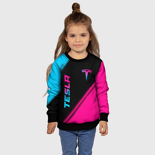 Детский свитшот Tesla - neon gradient: надпись, символ / 3D-Черный – фото 4