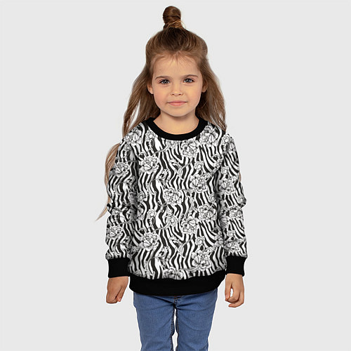 Детский свитшот Декоративные цветы на фоне зебры / 3D-Черный – фото 4