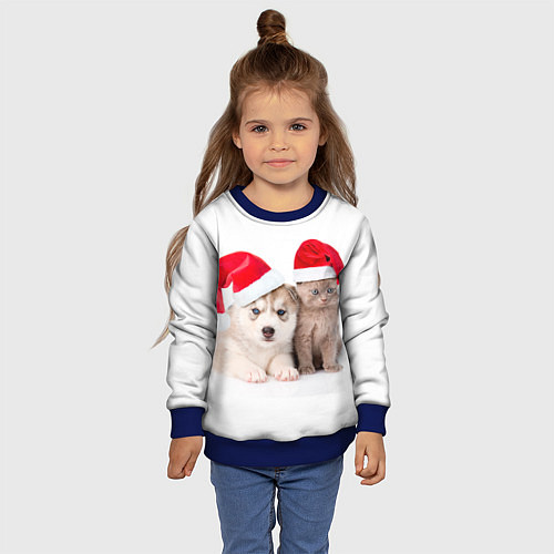 Детский свитшот Пёсик и котик в шапочках / 3D-Синий – фото 4