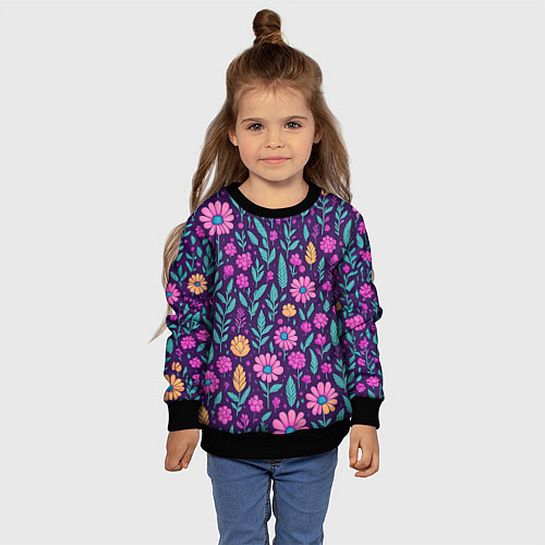 Детский свитшот Цветочный паттерн розовые ромашки / 3D-Черный – фото 4
