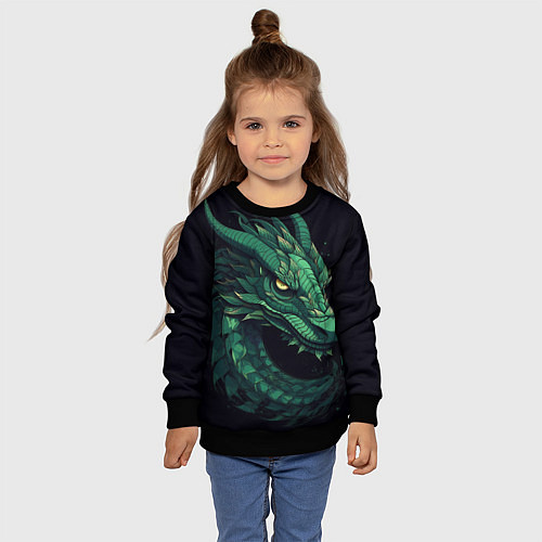Детский свитшот Голова зелёного дракона: арт нейросети / 3D-Черный – фото 4