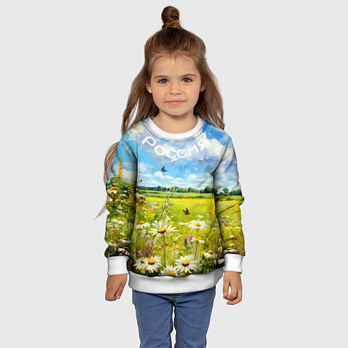 Детский свитшот Россия - летнее цветочное поле / 3D-Белый – фото 4