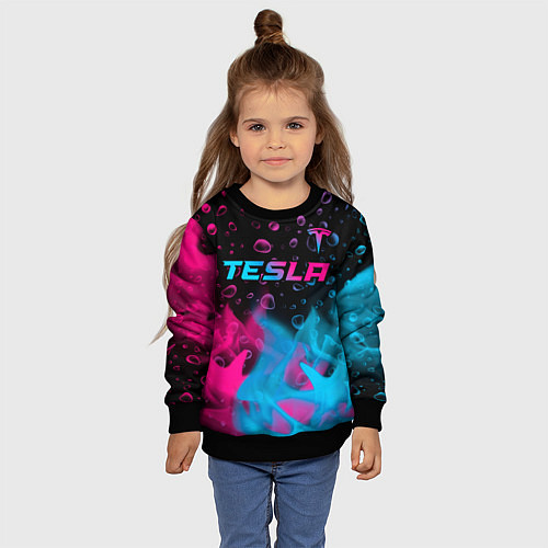 Детский свитшот Tesla - neon gradient: символ сверху / 3D-Черный – фото 4