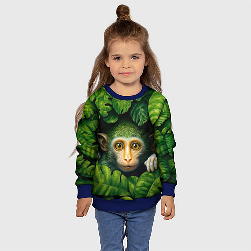 Детский свитшот Маленькая обезьянка в листьях / 3D-Синий – фото 4