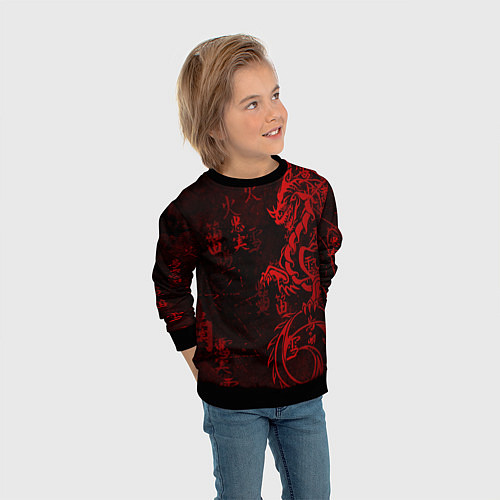 Детский свитшот Красный дракон - иероглифы / 3D-Черный – фото 3