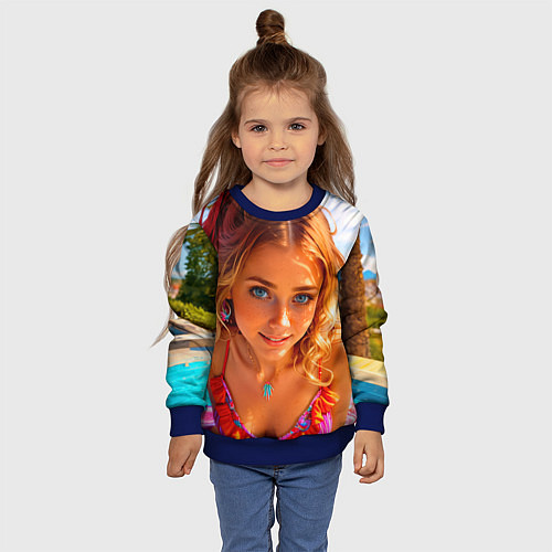 Детский свитшот Девушка на курорте у бассейна / 3D-Синий – фото 4