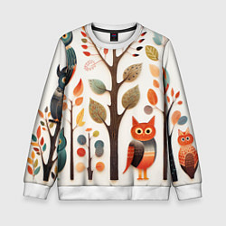 Свитшот детский Совы в осеннем лесу в стиле фолк-арт, цвет: 3D-белый