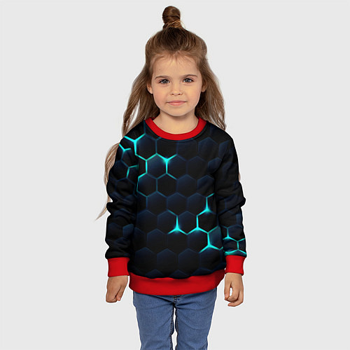 Детский свитшот Бирюзовый сквозь чёрные соты / 3D-Красный – фото 4