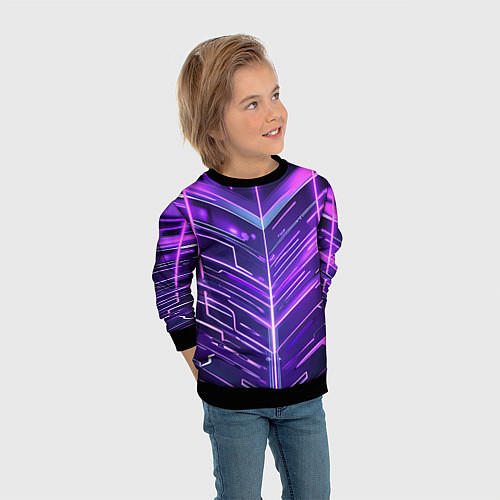 Детский свитшот Фиолетовые неон полосы киберпанк / 3D-Черный – фото 3