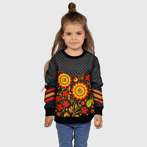 Детский свитшот Хохлома: ягоды-листья-цветы / 3D-Черный – фото 4