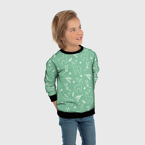 Детский свитшот Зеленый рождественский узор с оленями / 3D-Черный – фото 3