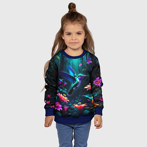 Детский свитшот Колибри в темном лесу / 3D-Синий – фото 4