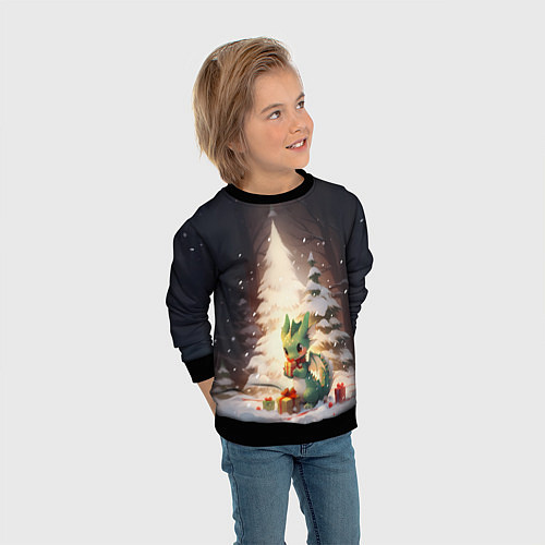 Детский свитшот Чиби-дракон под ёлкой с подарками / 3D-Черный – фото 3