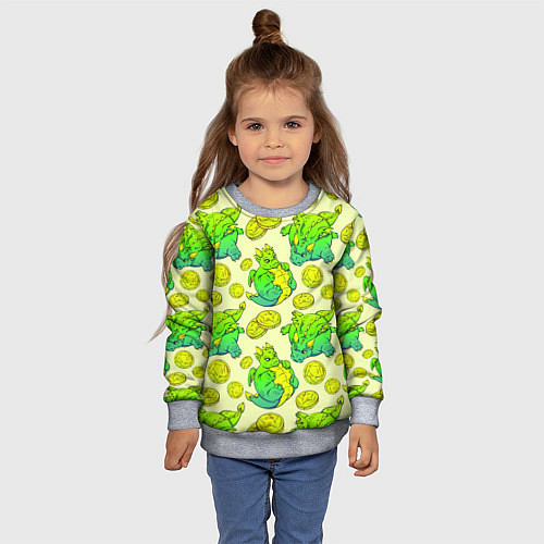 Детский свитшот Круглые драконы с монетами, зеленый / 3D-Меланж – фото 4