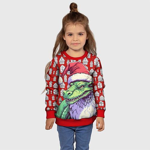 Детский свитшот Большой зеленый новогодний дракон / 3D-Красный – фото 4