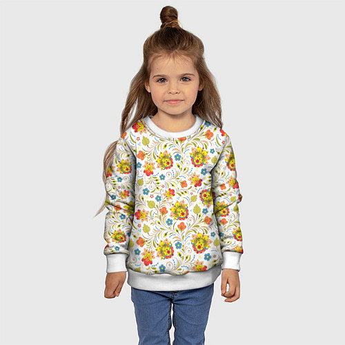 Детский свитшот Хохломская роспись разноцветные цветы на белом фон / 3D-Белый – фото 4
