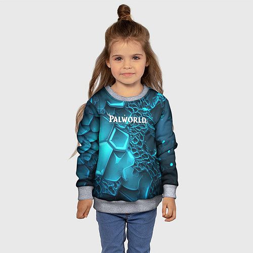 Детский свитшот Palworld логотип на ярких синих неоновых плитах / 3D-Меланж – фото 4