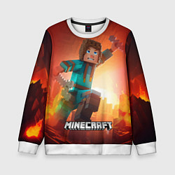 Свитшот детский Персонаж Minecraft пробирается сквозь огонь, цвет: 3D-белый
