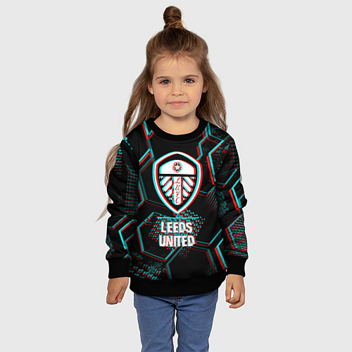 Детский свитшот Leeds United FC в стиле glitch на темном фоне / 3D-Черный – фото 4