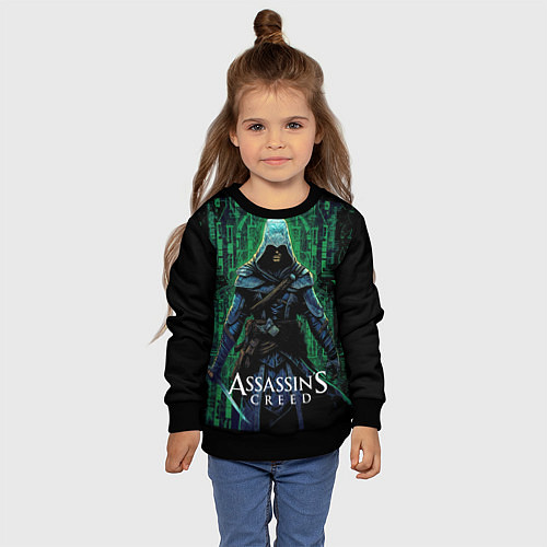 Детский свитшот Assassins creed зеленый стиль матрицы / 3D-Черный – фото 4