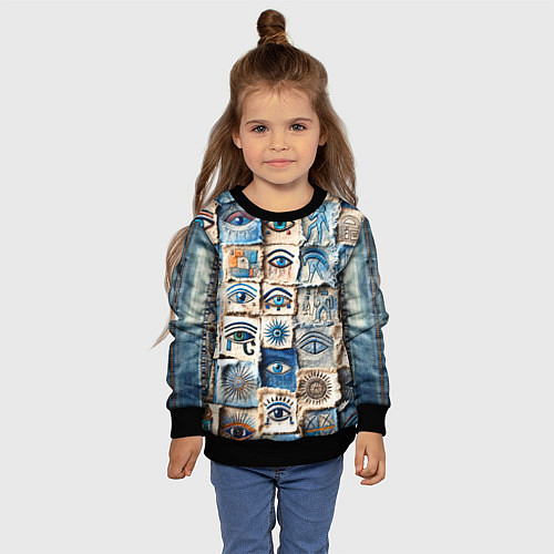 Детский свитшот Глаза на пэчворк дениме / 3D-Черный – фото 4