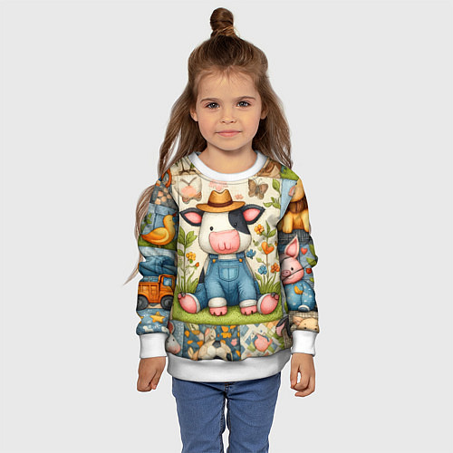 Детский свитшот Прикольный телёнок и его друзья - пэчворк / 3D-Белый – фото 4