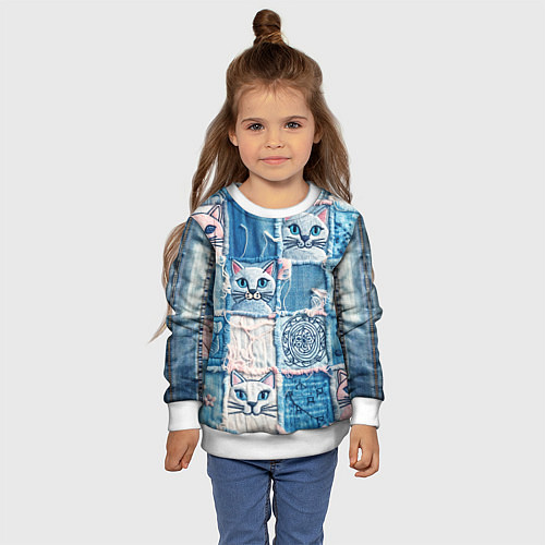 Детский свитшот Кошки на пэчворк джинсах паттерн / 3D-Белый – фото 4