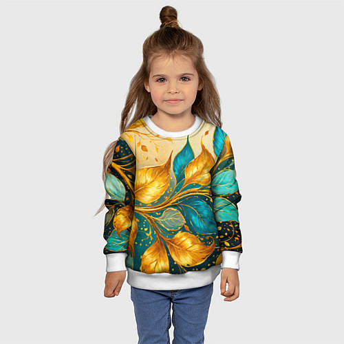 Детский свитшот Листья абстрактные золото и бирюза / 3D-Белый – фото 4