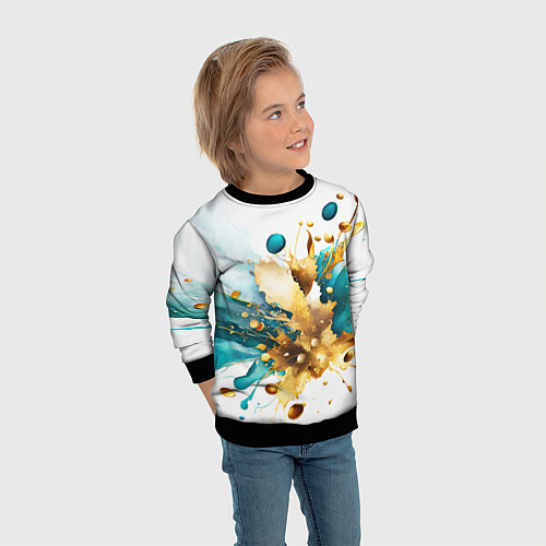Детский свитшот Бирюзово голубая абстракция, брызги краски на бело / 3D-Черный – фото 3