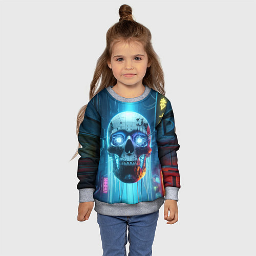 Детский свитшот Cyber skull - neon glow ai art / 3D-Меланж – фото 4