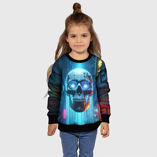 Детский свитшот Cyber skull - neon glow ai art / 3D-Черный – фото 4