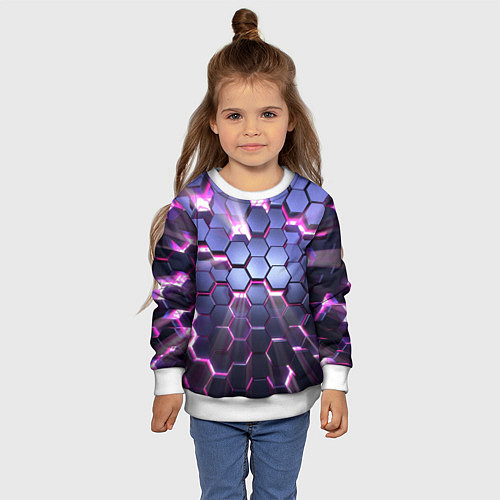 Детский свитшот Плиты с сиреневым неоновым свечением / 3D-Белый – фото 4