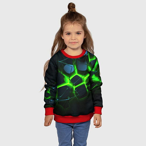 Детский свитшот Зеленый неон и разлом плит / 3D-Красный – фото 4