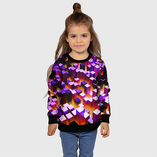 Детский свитшот Фиолетовые блоки в оранжевом тумане / 3D-Черный – фото 4