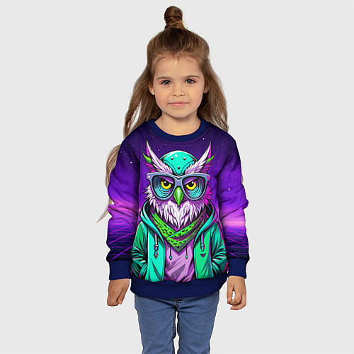Детский свитшот Модная сова ретро фиолетовый фон / 3D-Синий – фото 4
