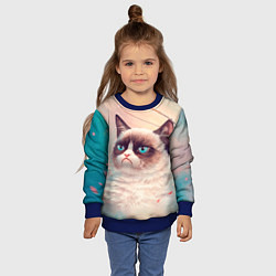 Свитшот детский Мемный кот Grumpy Cat с нимбом, цвет: 3D-синий — фото 2