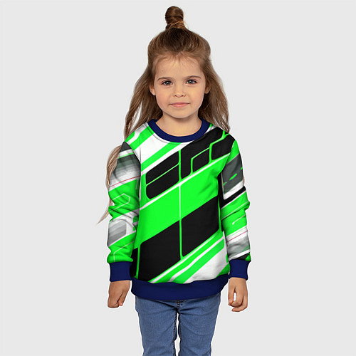 Детский свитшот Зелёно-белые полосы и чёрный фон / 3D-Синий – фото 4
