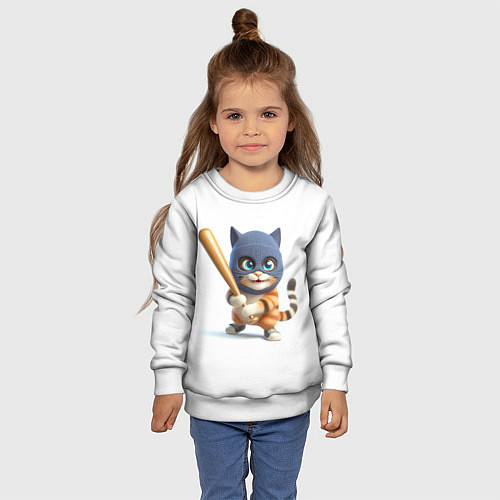 Детский свитшот Прикольный котёнок с бейсбольной битой и в балакла / 3D-Белый – фото 4