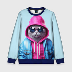 Свитшот детский Кот в капюшоне и очках, цвет: 3D-синий
