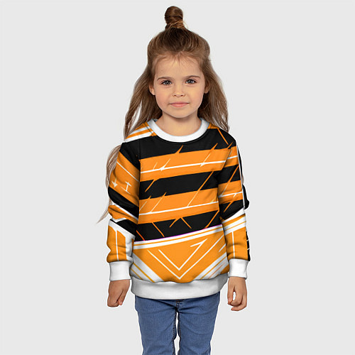 Детский свитшот Чёрно-белые полосы на оранжевом фоне / 3D-Белый – фото 4