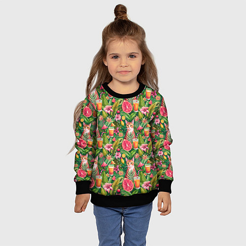 Детский свитшот Летний котик с коктейлем в тропических цветах / 3D-Черный – фото 4