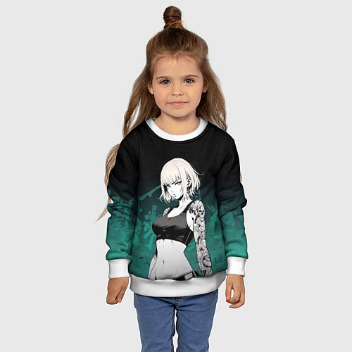 Детский свитшот Девушка с татуировками на изумрудном фоне / 3D-Белый – фото 4